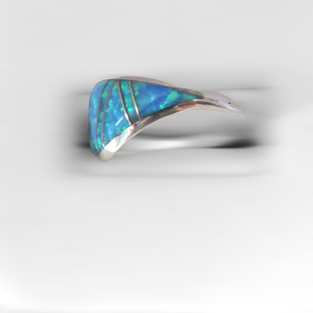 Solid Sterling Silver Inlay Blue Lab Opal Dome Ring - Picture 5 of 9